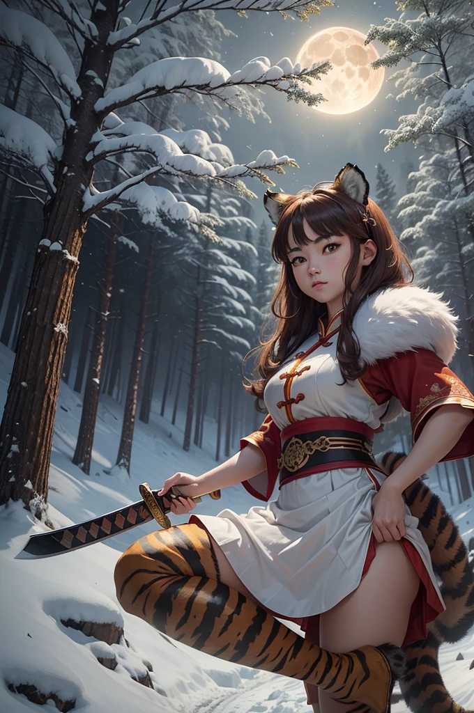 (Masterpiece artwork, 4k resolution, very detailled, ArtCalmV2, best qualityer), (tiger girl theme, Charismatic, there is a tiger girl in a snowy forest, wearing red traditional Chinese clothes and white skirt and carrying a katana on her hip which is kept, She is the head of a clan), [ ((age 25), (short light brown hair:1.2), (tiger ears:1.2), whole body, (tiger tail:1.2) tail, (greeneyes:1.2), ((Guard Posture), demonstration of resilience), ((wild and relaxing environment):0.8)| (FOREST LANDSCAPE, at night, dynamic lights), (fullmoon))] # Explanation: The prompt mainly describes an ultra-high-definition 4K painting, very realistic, very detailled. It shows a clan chief in front of some snow-covered trees, wearing red colored traditional Chinese clothes and white colored skirt. The theme of the painting is a clan chief theme, the female protagonist has short light brown hair, is age 25 old and her entire body is shown in the painting, her tiger tail is showing, and her tiger ears too, her katana is beside her waist.