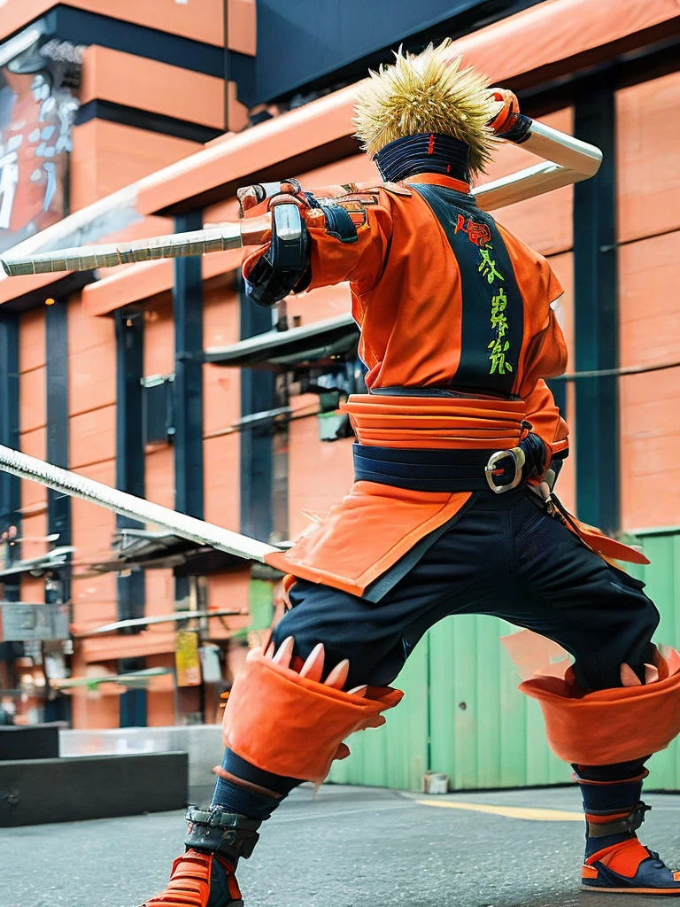 Katsuki Bakugo from &#39;My Hero Academia&#39; in high quality, with a dark and personalized theme. Show him in an aggressive pose, with dark and intense explosions coming from your hands. Capture his fierce and determined expression, highlighting the details of your hero uniform, including the big grenades on the arms.Use a dark, dramatic background, like a devastated cityscape or a stormy night with dark clouds and lightning. Add deep shadows and strong contrasts to highlight Bakugo&#39;s intense, menacing aura, highlighting your explosive energy and power in a dark environment