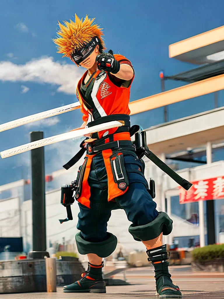 Katsuki Bakugo from &#39;My Hero Academia&#39; in high quality, with a dark and personalized theme. Show him in an aggressive pose, with dark and intense explosions coming from your hands. Capture his fierce and determined expression, highlighting the details of your hero uniform, including the big grenades on the arms.Use a dark, dramatic background, like a devastated cityscape or a stormy night with dark clouds and lightning. Add deep shadows and strong contrasts to highlight Bakugo&#39;s intense, menacing aura, highlighting your explosive energy and power in a dark environment