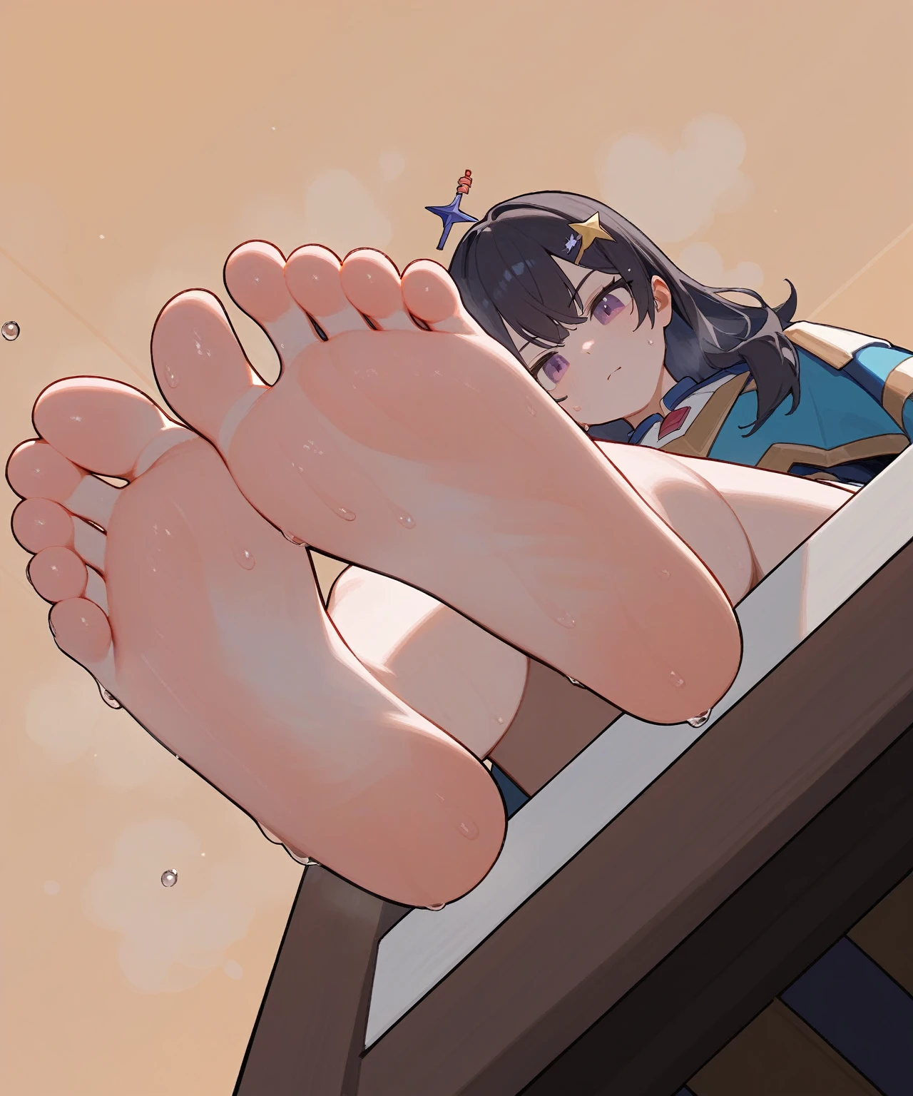 wallpaper, best quality, Very detailed, masterpiece, Extremely detailed, illustration, Sky,Foot Focus, giggle, barefoot,Stinky feet,Steam around feet,脚底Sweating很多,Water dripping from the soles of feet,Sweating all over,Sweating,There is a star-shaped hairpin on the head