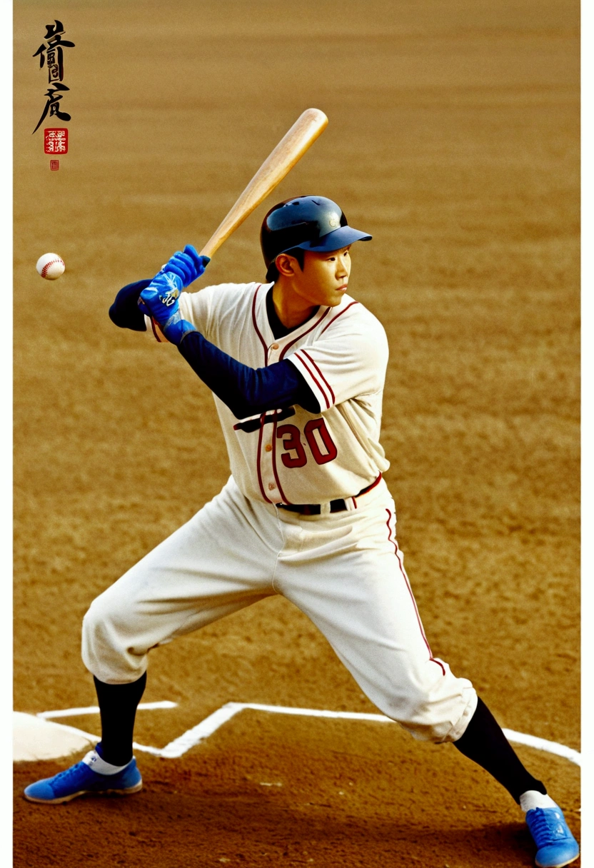 Baseball Player, by Qi Baishi and Chen Longque and Chen Dingbo, full body, cinematic still, cinemascope, (best quality, masterpiece), very aesthetic, perfect composition, intricate details, ultra-detailed, vivid colors