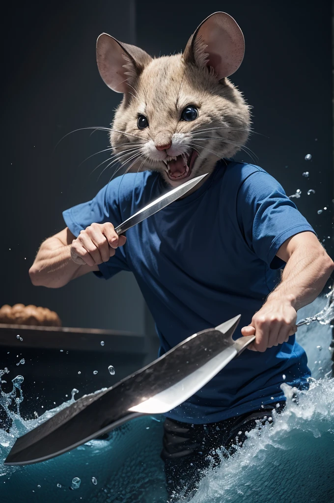 Knife an angry mouse with a dark blue paddle shirt