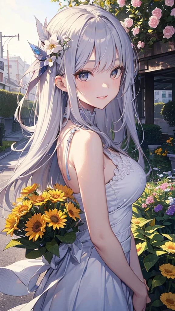 masterpiece、Highest quality、High resolution、High-quality images、8K, 12-year-old girl、Skin Radiance、Texture of skin and clothing、Expression of fine eyes、Shining silver hair、Long Hair Girl、dress, Beautiful bright yellow eyes, Fuller lips, Gorgeous face with attention to detail, (Cute Smile), charm, Innocent, Side view, (Perfectly detailed face), (Beautiful Hands) Photorealistic images, Written boundary depth, flower、sun、Big Breasts、garden、、Feather ornament、White clothes、goddess