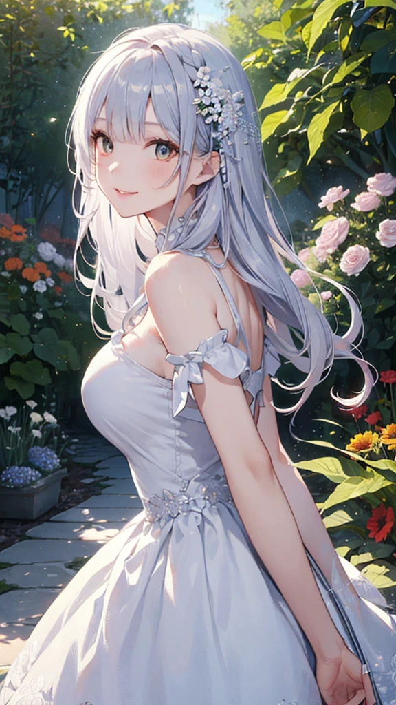 Big Breasts:1.2、、Highest quality、Very detailed、Highly realistic eye masterpiece、Highest quality、Very detailed、Gray Hair、Perfect Face、Long Hair、White Dress、Sundress、anime、countryside、Gutter Belt、White Stockings、{{{{{M-shaped legs}}}}}、nsfw、From the side、Slightly transparent、Crotch、I can see it、hide、The wind is blowing、Skirt rolled up、A glimpse