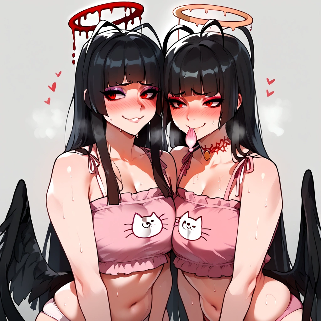 score_9, score_8_up, score_7_up, source_anime, expressive, anime, cartoon, speedlines, dynamic, hearts, 1girl, makeup,floox style , skindentation, , sweat,grey background, smug, , long hair, Tsurugi (black hair, hime cut, antenna hair, long hair, halo, bloody halo, red eyes, eyeshadow, black wings, low wings, wings from lower back, thorny wings, (featherless wings:1.2), neck tattoo,), , ,pink clothes, cat lingerie, shy, looking to the side, face close-up, , wet panties,condom in mouth