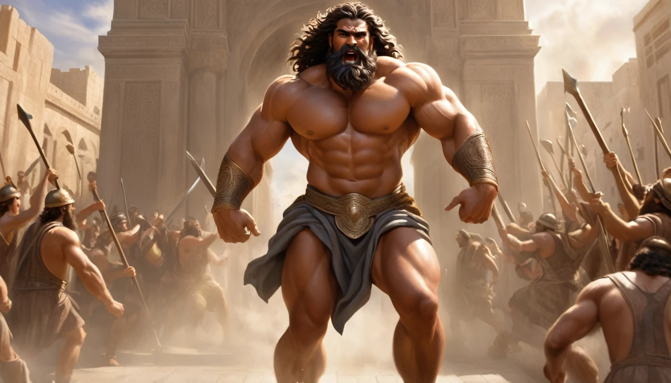 create an image of a character called Samson carrying on his back the great entrance doors of a city in biblical times