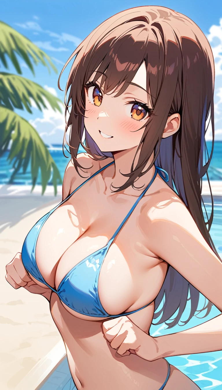 (best qualityer), (work of art), ((comely:0.75) Beautiful girl:0.75), [clear and clean] pixiv (illustration), (cabain/(impacto genshin/)), Eyes red, flower-shaped pupils, breasts big, ha, long brown hair, bangss, twintails, Beach clothes ,bikini preto sexy, ssmile, very very sexy pose