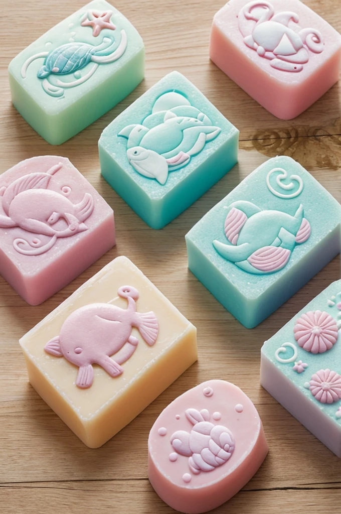 Soap with pastel colors and shapes of large sea animals, small and mini