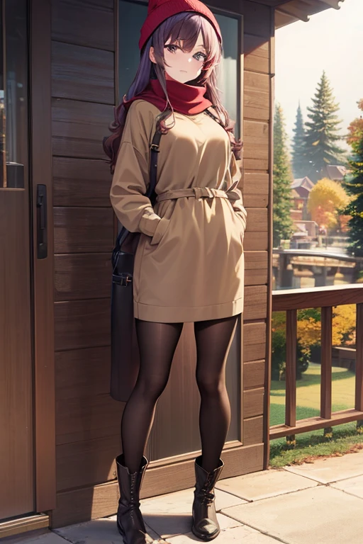 best quality, beautiful woman looking at viewer, brown hoodie, black midi pencil skirt, beanie, leather boots, red scarf, full body, medium purple hair, wavy hair, garden, fall, tree, leaves