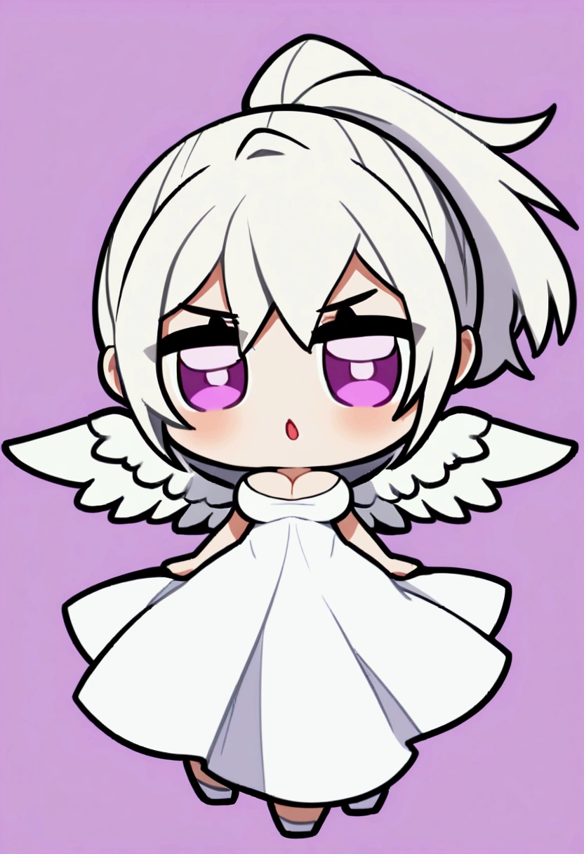 1girl, long white hair, pony tail, violet eyes, , big breasts, simple white dress with deep decolletage, (((chibi style))),angel wing on back