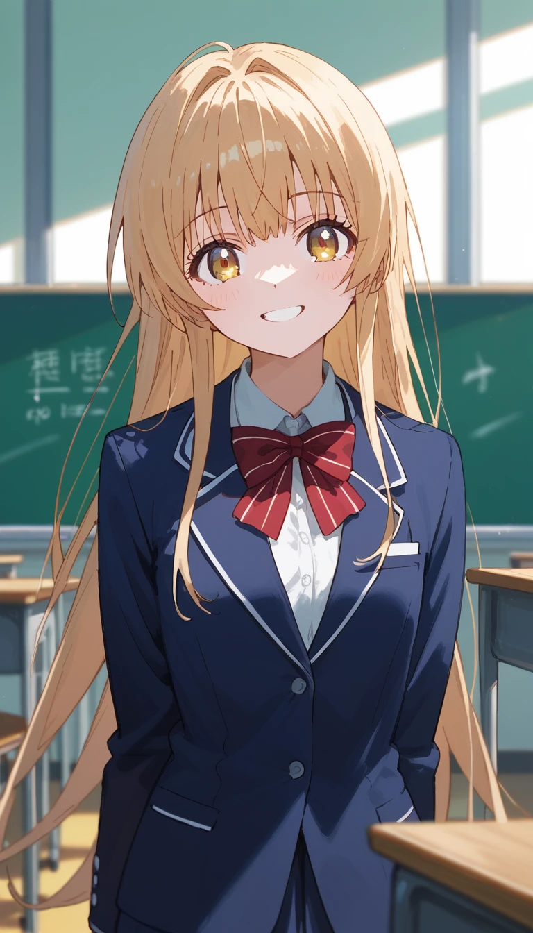 masterpiece,Ultra HD,score_4_onBREAK source_anime,可愛いanimeイラスト, masterpiece,high resolution,smile,alone,mahirushiina,One girl,Blonde,Long Hair,
Blue blazer,Red bow tie,School,classroom,