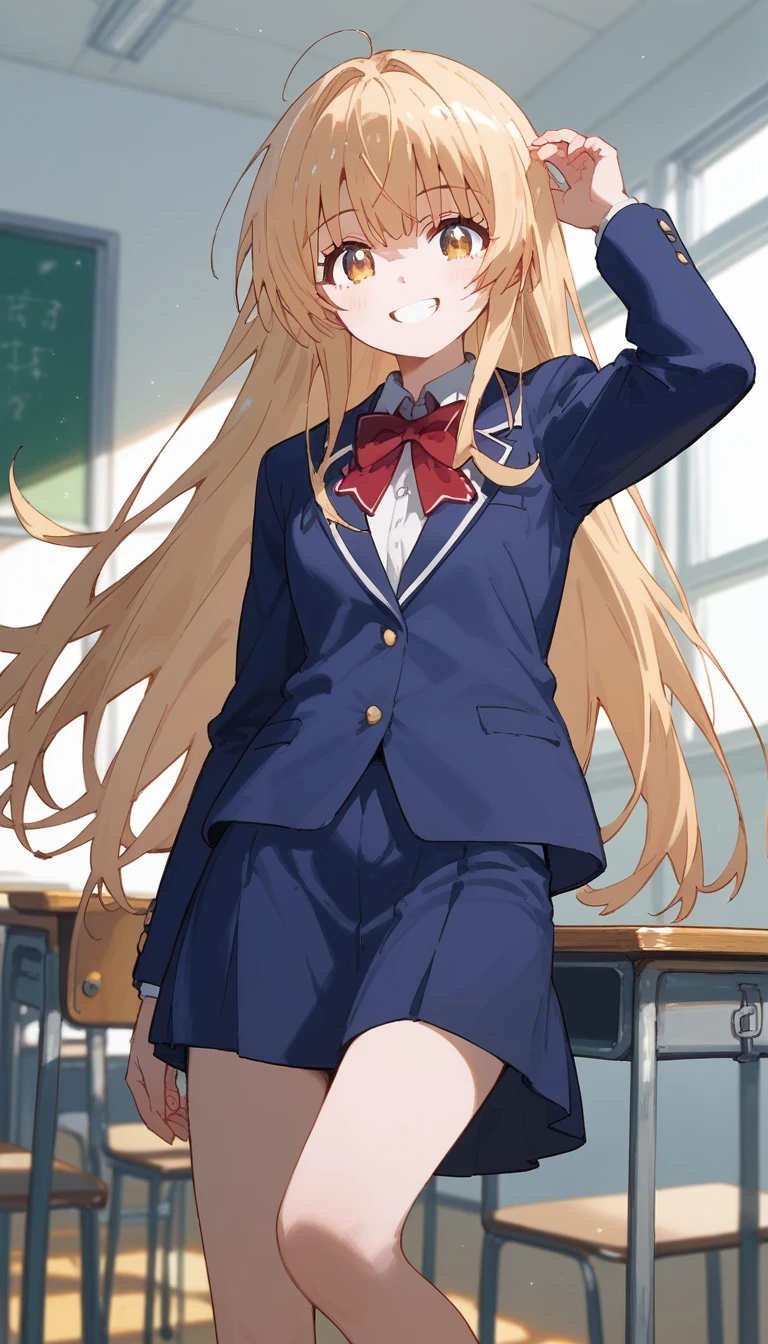 masterpiece,Ultra HD,score_4_onBREAK source_anime,可愛いanimeイラスト, masterpiece,high resolution,smile,alone,mahirushiina,One girl,Blonde,Long Hair,
Blue blazer,Red bow tie,School,classroom,