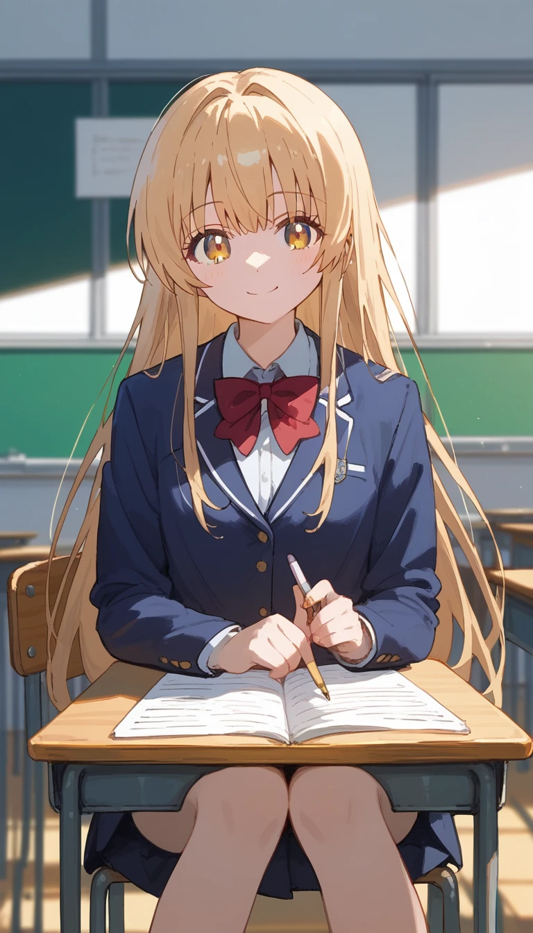 masterpiece,Ultra HD,score_4_onBREAK source_anime,可愛いanimeイラスト, masterpiece,high resolution,smile,alone,mahirushiina,One girl,Blonde,Long Hair,
Blue blazer,Red bow tie,School,classroom,