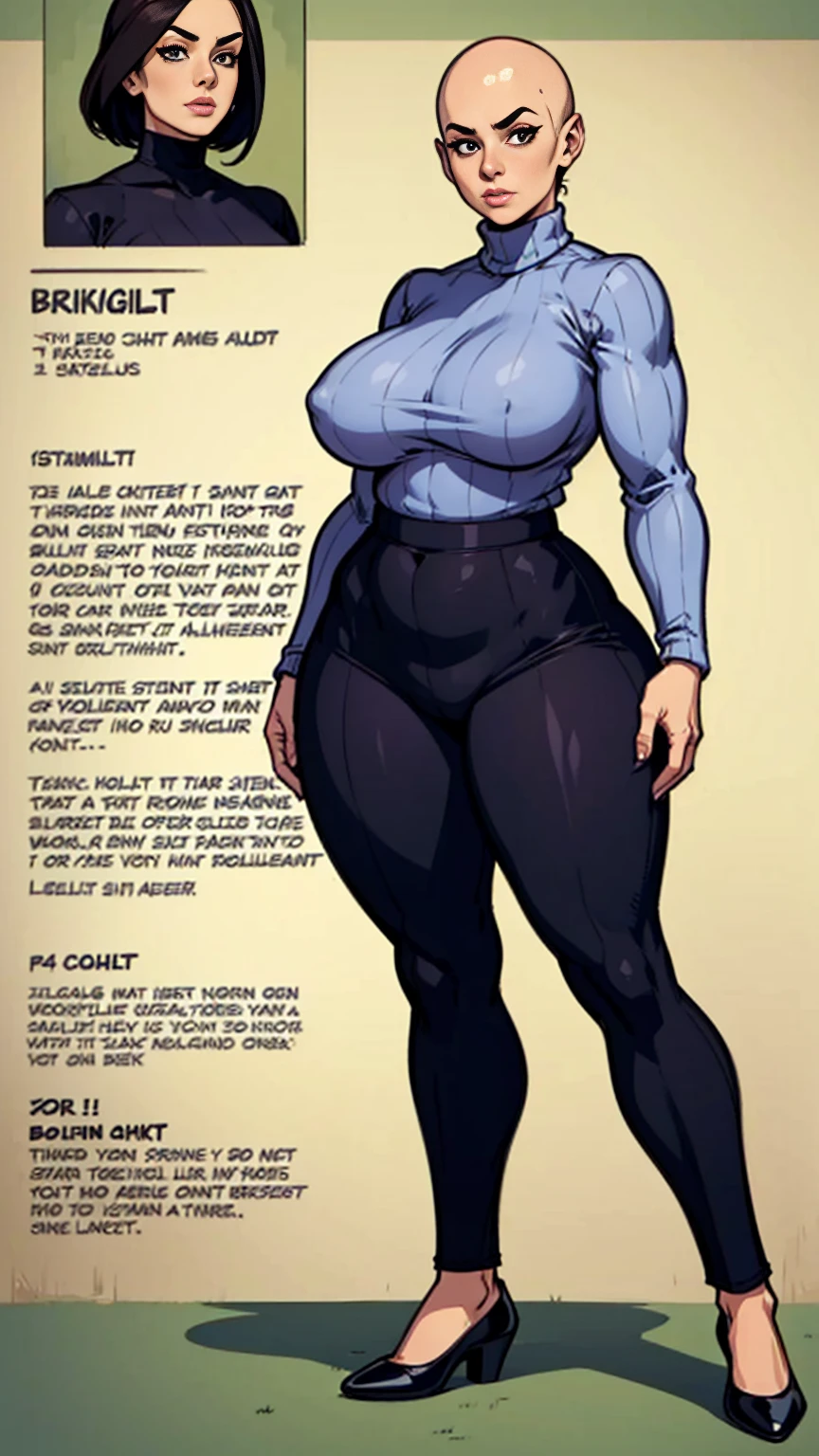 digital art, highly detailed, reference sheet, standing pose, feminine features, mature woman, adult female, thicc figure, whole body, bald, form-fitting, turtleneck sweater, pants, flat shoes, 1woman, solo, upper body, lower body, ((Extremely Detailed)), ((Best Quality)), ((Masterpiece)), ((4k)).
