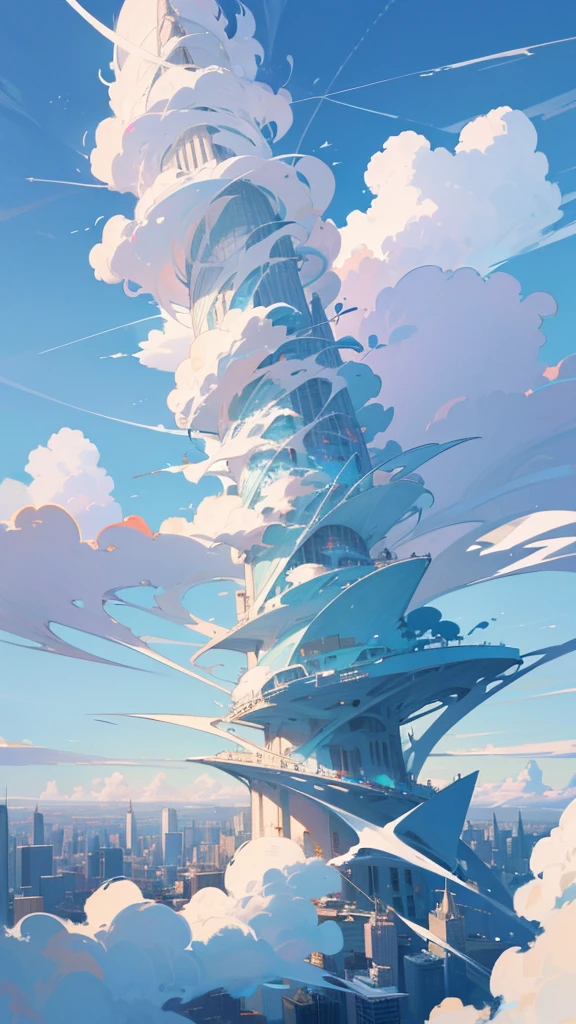 「Big white clouds spread across the blue sky、City skyline landscape。There are several high-rise buildings、A building with a distinctive spire stands out in the center。There are a lot of low-rise buildings in the foreground.、Overall bright colours、I can feel the summer sunshine。The sky is bright blue、The clouds are soft、It's fluffy。」Makoto Shinkai style