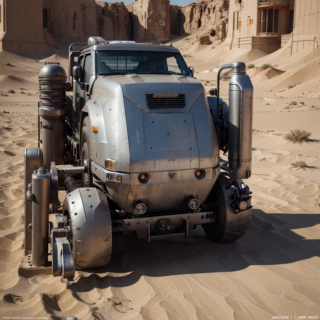 3/4 side view, detailed desert cybertruck, pure metallic silver paint, vast and simple desert, sunset, intricate mechanical details, futuristic technology, gritty sand and weathered metal, cinematic lighting, dramatic shadows, neon city in the distance, vibrant colors, sci-fi atmosphere, hyper-realistic, ultra-detailed, 8K, photorealistic, masterpiece