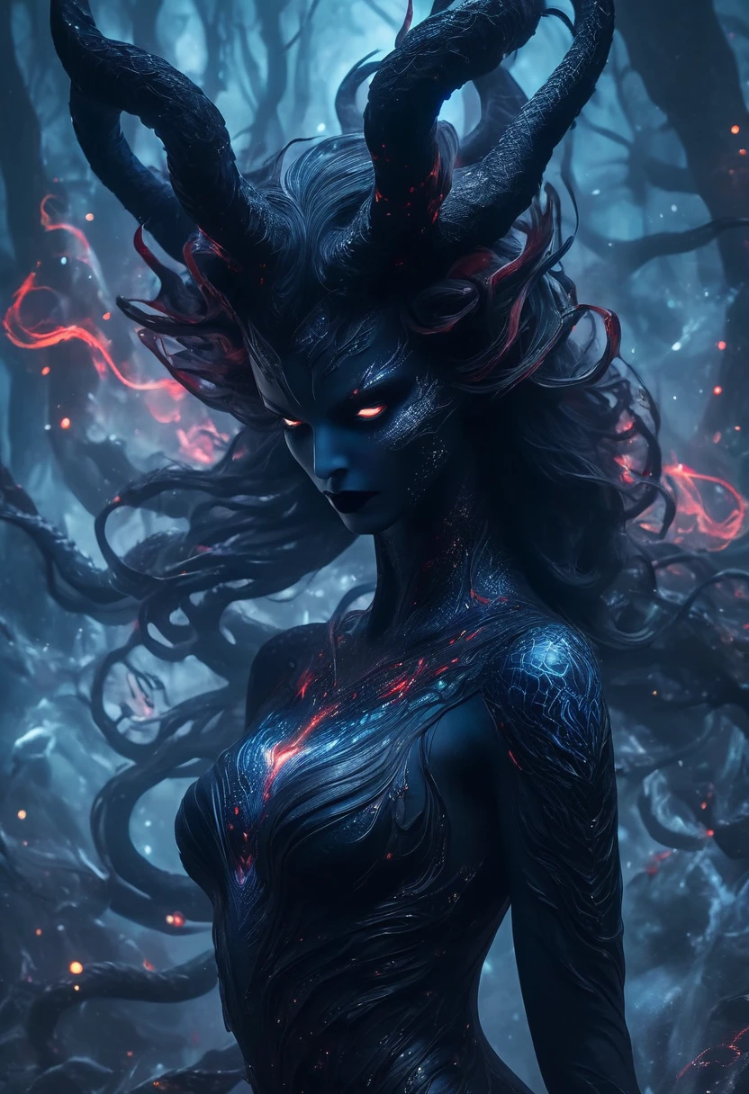From the depths of space, a treacherous she-demon emerges, her visage terrifying yet graceful. The intensity of her expression is matched by her pallid skin and dark shadows, with sharp, elongated fangs. (Super-long, extremely detailed) Her body is covered with serpent-like eyes, and her flowing black hair cascades in long, rippling waves. Her eyes glint a sinister red, and her claws are ruthlessly sharp. A dark aura surrounds her, creating an ominous atmosphere. This demon-like entity stands against a cosmic backdrop filled with stars and galaxies, a celestial landscape imbued with mysterious energy and ethereal light. She exudes an otherworldly beauty that is both cursed and bewitching, her tongue and scales serpentine in nature. Her glowing black wings are ornate with complex patterns and metallic-lustered black feathers. The jagged mountain ranges form her silhouette, and a captivating glowing forest with twisted trees envelops her. Phosphorescent flora and fauna, a blood-red moon, broken dimensions and portals, crackling electricity and energy sparks all contribute to an unforgettable and deceptive beauty. The female wields manipulation and supernatural powers, her allure both mysterious and seductive, powerful and untamed. She commands awe and reverence, blending Gothic and surreal artistic styles. With stark contrasting colors, a black and red color palette paints the scene. Dramatic lighting and dark shadows play across this tableau of light and darkness.