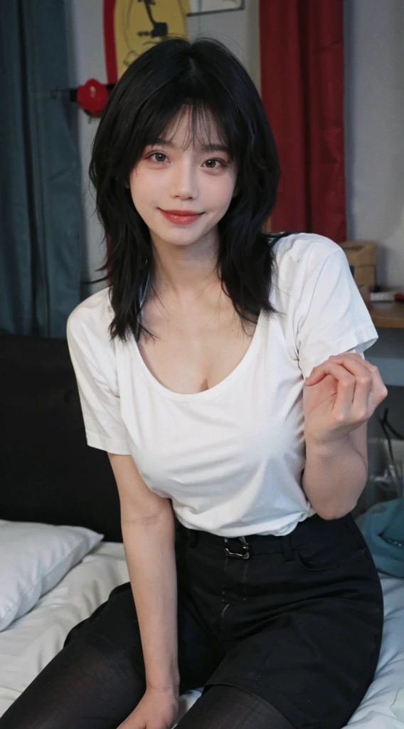 ((Best quality, 8k, Masterpiece :1.3)), Full body, Sharp focus :1.2, Beautiful woman with perfect figure :1.4, Slim stomach :1.2, ((cyan hair, Big breasts :1.2)), body dress : 1.1 , (Night city view, Bedroom :1.1), Highly detailed facial and skin textures, Detailed eyes, Double eyelids, big breasts, White t-shirt with cynix logo, Clean clothes, white t-shirt, exposed cleavage, (Black Pantyhose short), Interior Scene, Office, oppai, sweet smile, t-shirt, pretty pose, pose mengikat rambut, berpakaian sopan