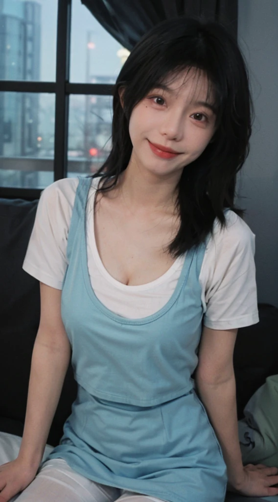 ((Best quality, 8k, Masterpiece :1.3)), Full body, Sharp focus :1.2, Beautiful woman with perfect figure :1.4, Slim stomach :1.2, ((cyan hair, Big breasts :1.2)), body dress : 1.1 , (Night city view, Bedroom :1.1), Highly detailed facial and skin textures, Detailed eyes, Double eyelids, big breasts, White t-shirt with cynix logo, Clean clothes, white t-shirt, exposed cleavage, (Black Pantyhose short), Interior Scene, Office, oppai, sweet smile, t-shirt, pretty pose, pose mengikat rambut, berpakaian sopan