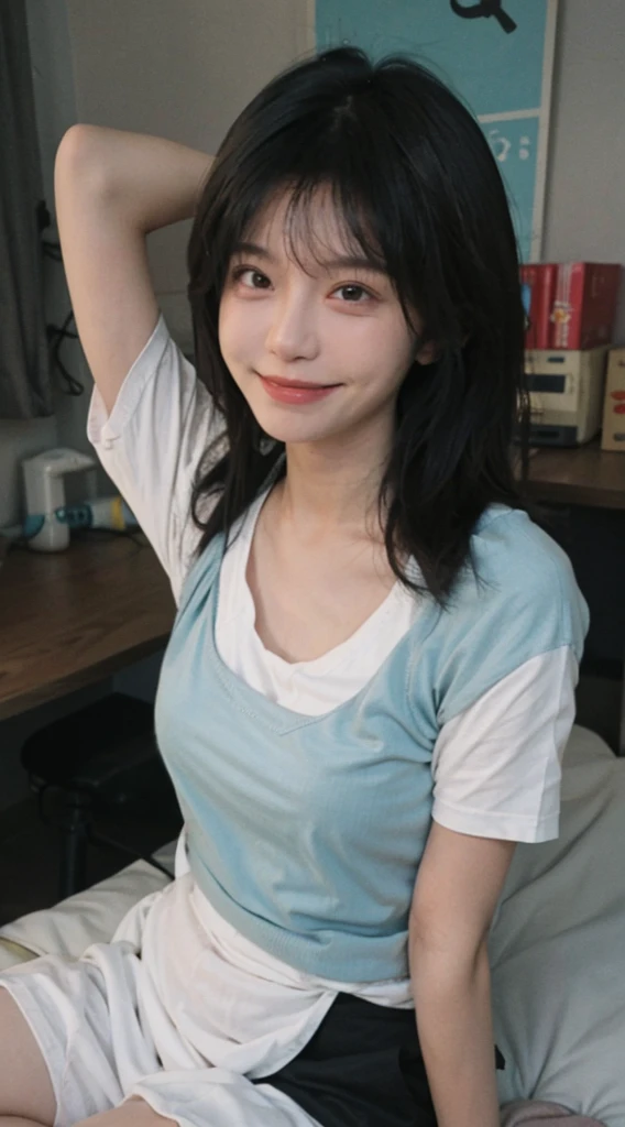 ((Best quality, 8k, Masterpiece :1.3)), Full body, Sharp focus :1.2, Beautiful woman with perfect figure :1.4, Slim stomach :1.2, ((cyan hair, Big breasts :1.2)), body dress : 1.1 , (Night city view, Bedroom :1.1), Highly detailed facial and skin textures, Detailed eyes, Double eyelids, big breasts, White t-shirt with cynix logo, Clean clothes, white t-shirt, exposed cleavage, (Black Pantyhose short), Interior Scene, Office, oppai, sweet smile, t-shirt, pretty pose, pose mengikat rambut, berpakaian sopan
