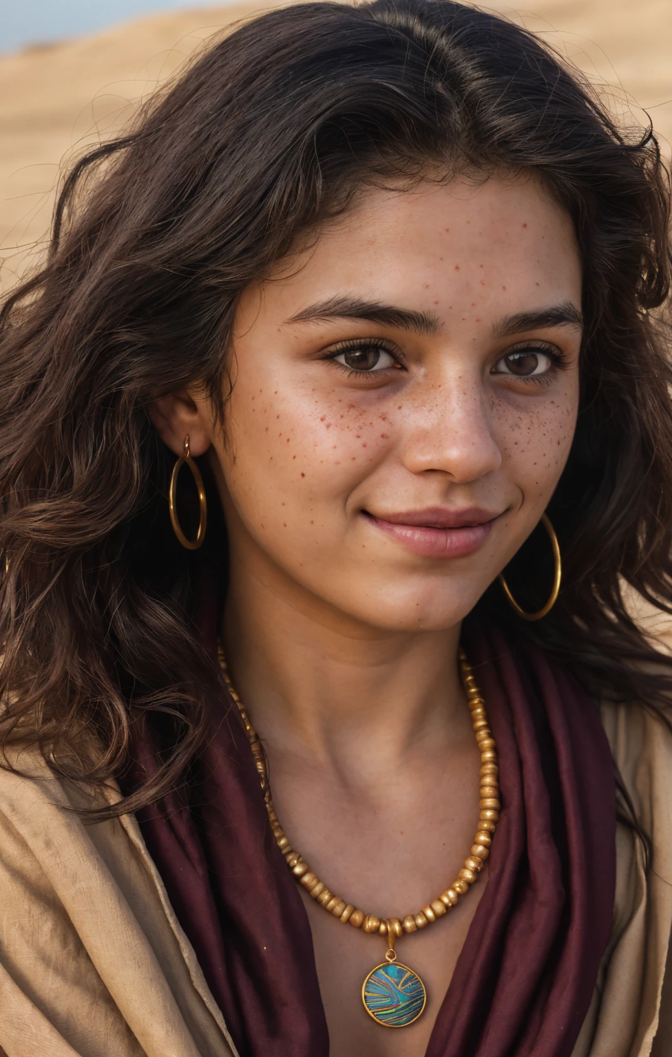 (Close-up, editorial photograph of a  woman), (highly detailed face:1.4) (smile:0.7) (background inside dark, moody, private study:1.3) POV, by lee jeffries, nikon d850, film stock photograph ,4 kodak portra 400 ,camera f1.6 lens ,rich colors, hyper realistic ,lifelike texture, dramatic lighting , cinestill 800, wavy hair, messy hair, Mischievous smirk, Black hair, freckles, Brown Eyes, jewels, necklace, Arabic Cloak, Arabic Scarf, Astral Plane, Black Round Sunglasses, Sun, Sand, Desert, Arabian expressions, Egyptian woman, Arabian skin, Golden Aura, shadow queen