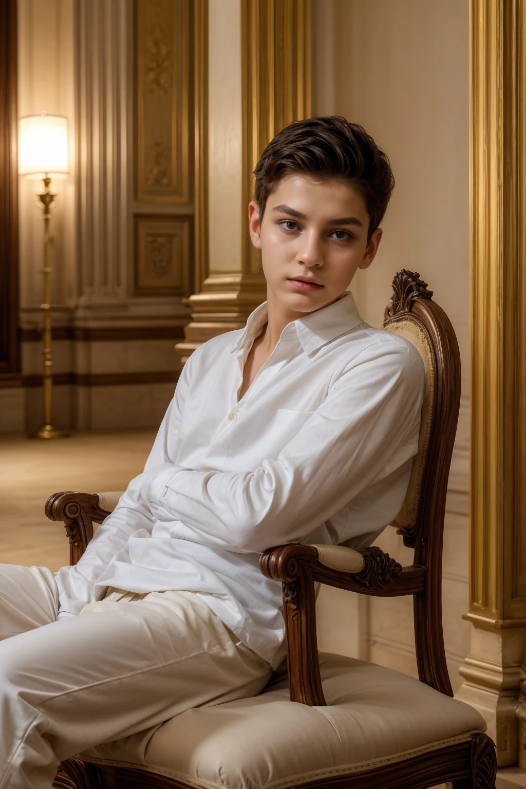 A young male twink with a make-up face and black hair. He is wearing a white long-sleeved shirt and brown pants. He is in the royal palace, with a sword in his hand, and he is looking in amazement as he sits on a chair.