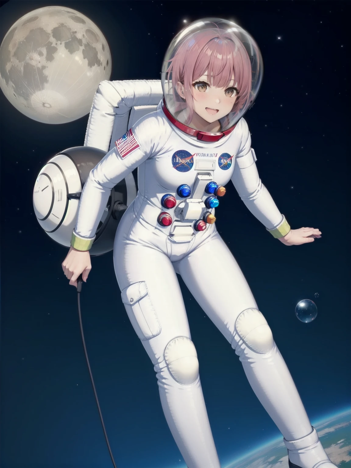 eva helm, spacesuit , astronaut), from above, pink hair, bubble helmet, space helmet,wearing a (spacesuit:1.15), white cargo pants, hovering, flying, moon surface, earth, floating pose, happy, smilebeautiful 8k wallpaper, highly advanced, (sleek design:1.3), intricate, highres, superb, 8k wallpaper, extremely detailed, intricate, (leaning forward:1), looking at the audience,