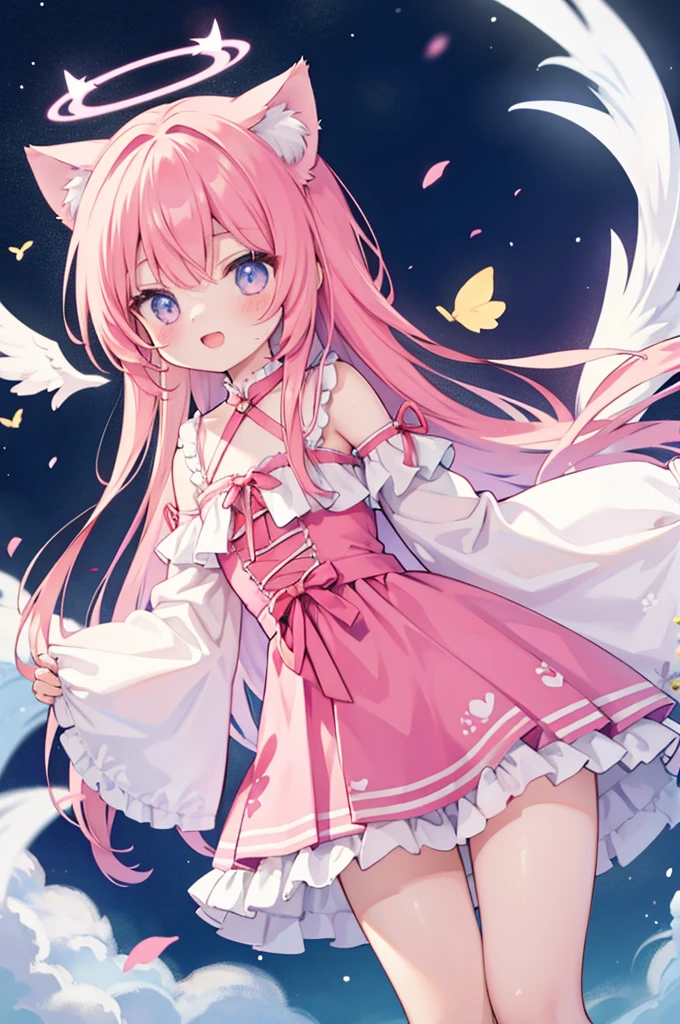 cat ears tail,long hair,pInk hair,angel shota,angel,halo,frilly angel uniform,Say good night and open mouth smile,
hyper detail and hyper precise illumination,anime style outline,crossdressing boy,