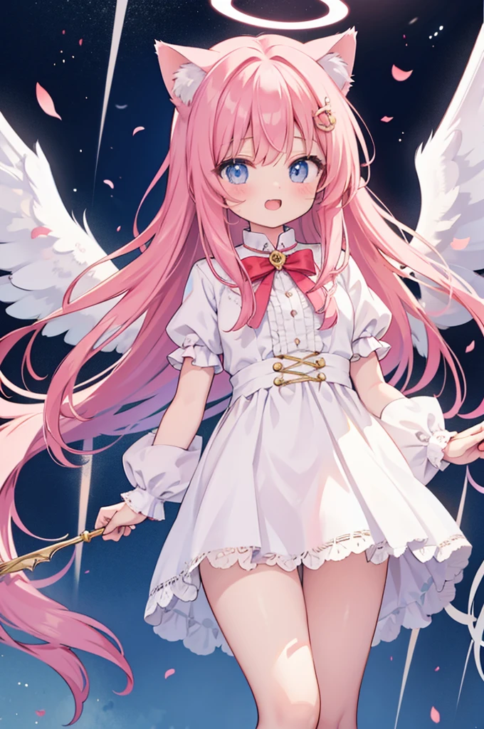 cat ears tail,long hair,pInk hair,angel shota,angel,halo,frilly angel uniform,Say good night and open mouth smile,
hyper detail and hyper precise illumination,anime style outline,crossdressing boy,