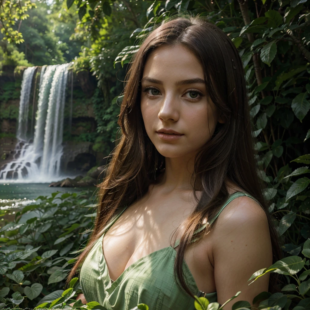 a girl in a garden, beautiful detailed eyes, beautiful detailed lips, extremely detailed eyes and face, long eyelashes, beautiful young woman, long flowing hair, elegant dress, serene expression, lush green foliage, sun-dappled light, waterfall in the background, fantasy landscape, 8k, highres, masterpiece, detailed, photorealistic, vibrant colors, dramatic lighting, cinematic composition