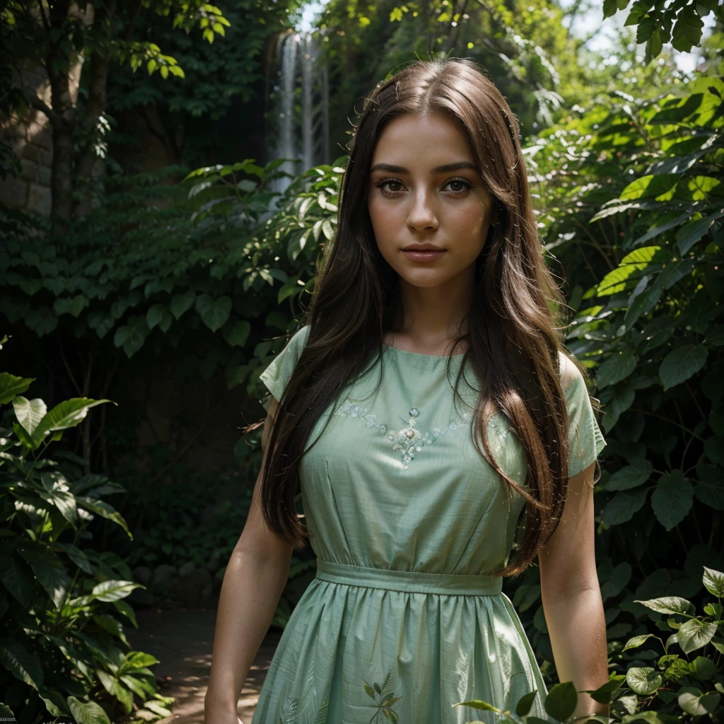 a girl in a garden, beautiful detailed eyes, beautiful detailed lips, extremely detailed eyes and face, long eyelashes, beautiful young woman, long flowing hair, elegant dress, serene expression, lush green foliage, sun-dappled light, waterfall in the background, fantasy landscape, 8k, highres, masterpiece, detailed, photorealistic, vibrant colors, dramatic lighting, cinematic composition