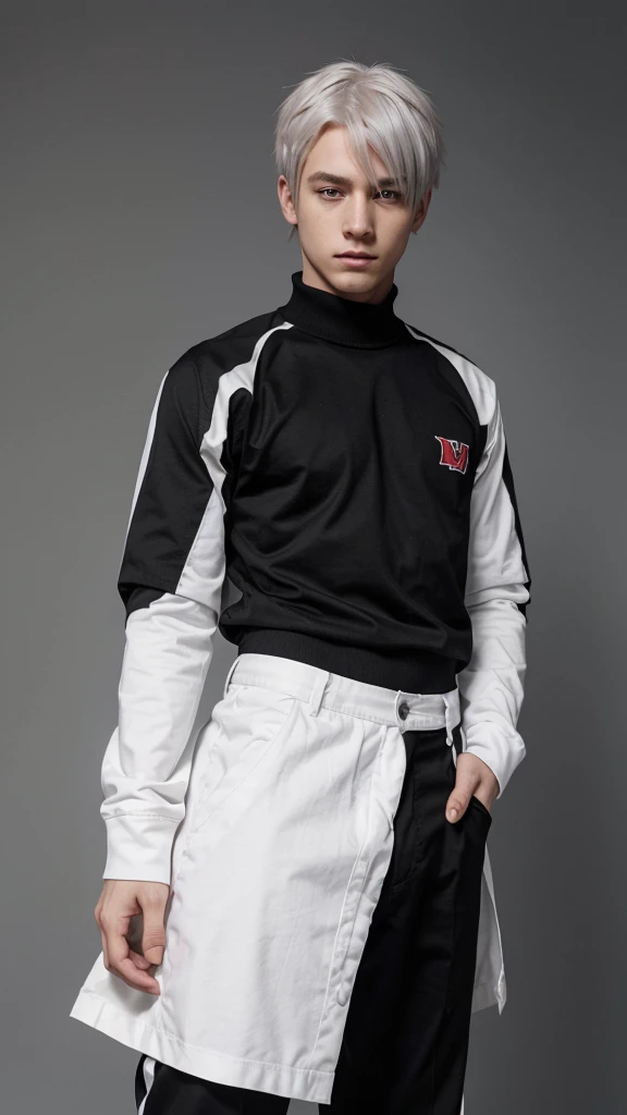 ((1 man)), Alone, looking at the viewer, red hair on one half and white hair on the other half, wearing a smart school outfit, a black pants, black eyes , Upper part of the body, Gray background, realist, dioknigsreuter