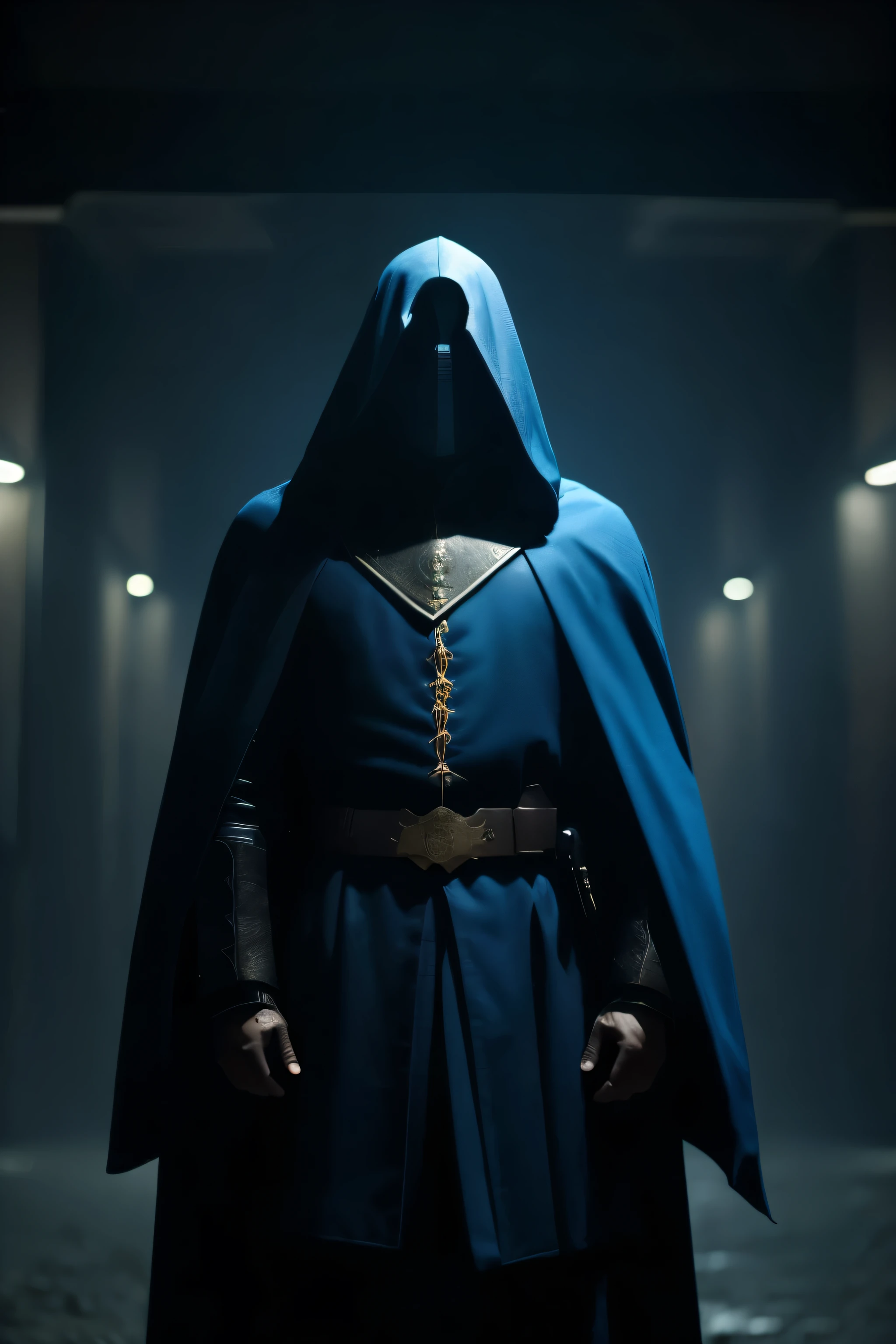 An enigmatic man, face not showing, in a dark silhouette, with a bright and attentive eye. The figure is on a very dark background, with a vivid blue light that illuminates only the eye, suggesting wisdom and vigilance. The man is dressed in a blue outfit with gold details, with a cloak that surrounds him, conveying authority and mystery. The scene is minimalist and focused on the central character, with few details and a dark environment.