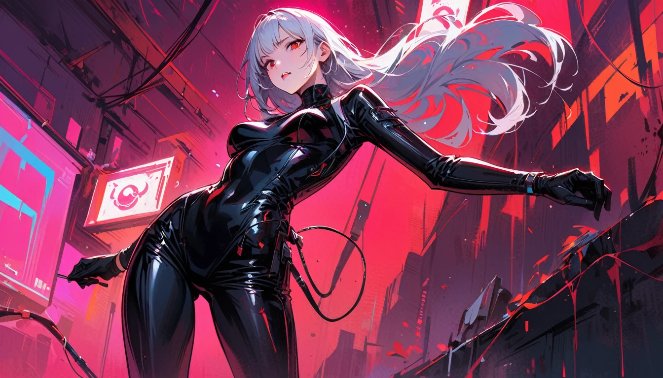 masterpiece, Best quality, 8 k, digital painting, 1 girl, One, get up, youth, White hair, Длинные White hair, hair accessories, Red eyes, round pupils, impassive facial expression, blood stains, Mechanical parts, electrical wire, cable, The effect of failure, terrifying, Science fiction, futuristic, Dark inside background, neon lights, Cyberpunk characters, surreal, strange, alarming, Chilling, terrifying, overalls,Red eyes,Poison Obsession,blackened,Long black gloves,One-piece trousers,tight latex bodysuit,Emphasize her graceful figure,Wrap your whole body,symbiont,((raised sexy)),overalls,Red eyes,Poison Obsession,blackened,Long black gloves,One-piece trousers,Black latex clothing,Blood-Red eyes,Best quality, A high resolution, Super detailed, Bright textures, a mask, tight latex bodysuit, bang,purple hair, Blue eyes
