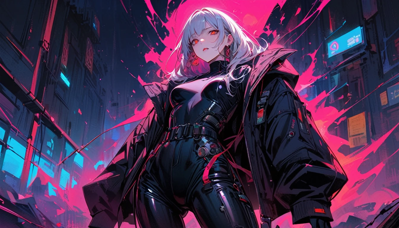 masterpiece， Best quality， 8 k， digital painting， 1 girl， One， get up， youth， White hair， Длинные White hair， hair accessories， Red eyes， round pupils， impassive facial expression， blood stains， Mechanical parts， electrical wire， cable， The effect of failure， terrifying， Science fiction， futuristic， Dark inside background， neon lights， Cyberpunk characters， surreal， strange， alarming， Chilling， terrifying， overalls，Red eyes，Poison Obsession，blackened，Long black gloves，One-piece trousers，tight latex bodysuit，Emphasize her graceful figure,Wrap your whole body，symbiont，（（raised sexy）），overalls，Red eyes，Poison Obsession，blackened，Long black gloves，One-piece trousers，Black latex clothing，Blood-Red eyes，Best quality, A high resolution, Super detailed, Bright textures, a mask, tight latex bodysuit, bang,purple hair, Blue eyes