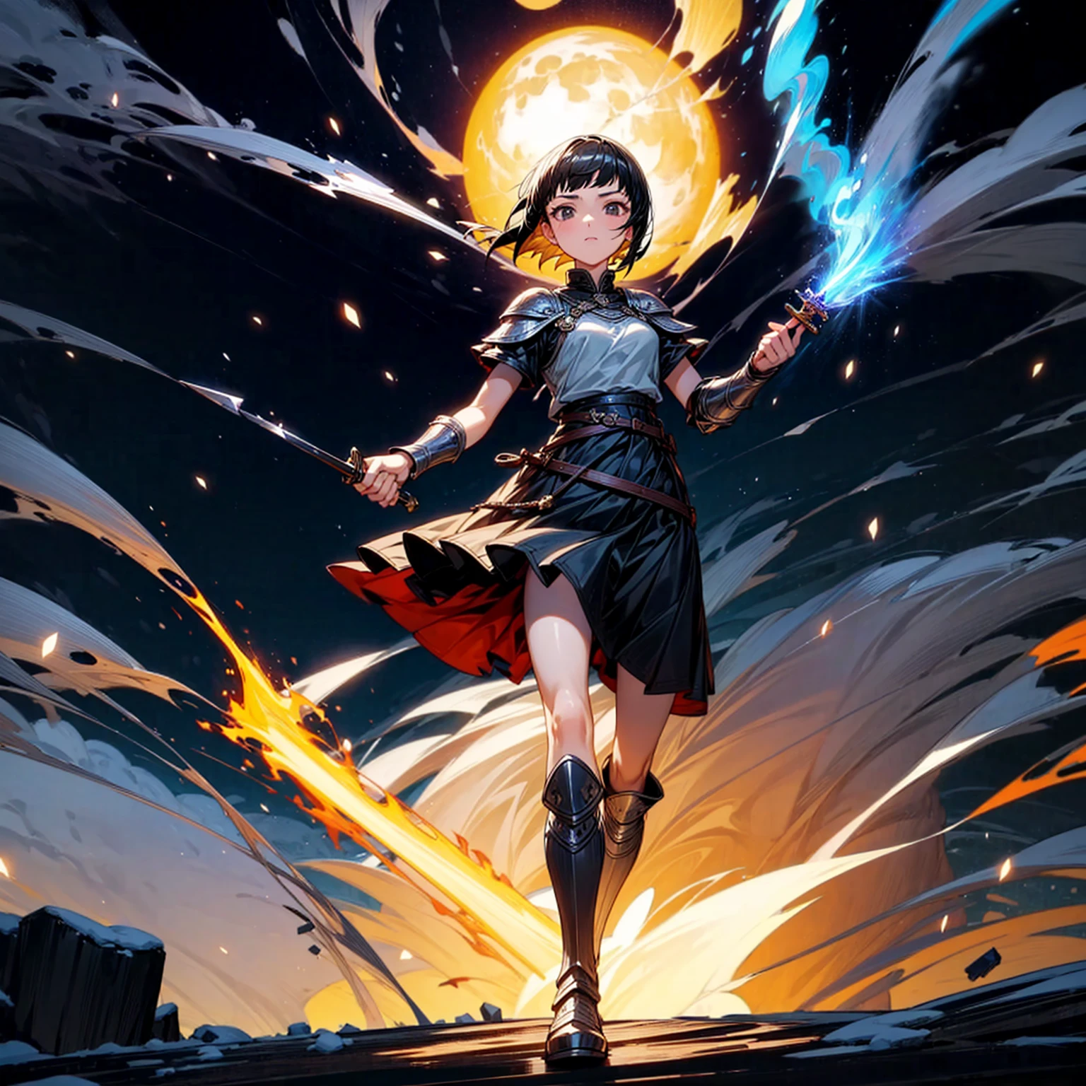 1girl, Full body version, 1character, girl version, black eyes color, short haircut, black colour hair, Ancient Roman style clothing, long skirt, ling boots, small armor body, Grassroots, background in snow, motion blur, (one piece style art), snow, knife in hand, standing gesture, fire, lighting knife, smoke effect, aura effect, lighting moon, Moonlight, fire aura, snow, blue lightning, Silhouette, knife light silhouette, moon