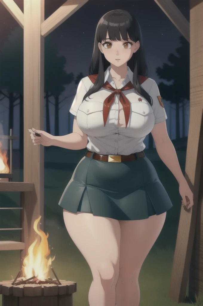 high quality, best quality, beautiful, perfect lighting, detailed face, ultra cute face, 1girl, solo, black hair, long hair, orange eyes, big breasts, large breats, huge breats, thick thighs, wind lift, outdoors, grass, field, forest, pioneer neckerchief, pioneer movement soviet pioneer, short skirt, blue skirt, bangs, shirt, collarbone, white shirt, short sleeves, collared shirt, belt, neckerchief, eyelashes, red neckerchief, pocket, breast pocket, night, forest, campfire,