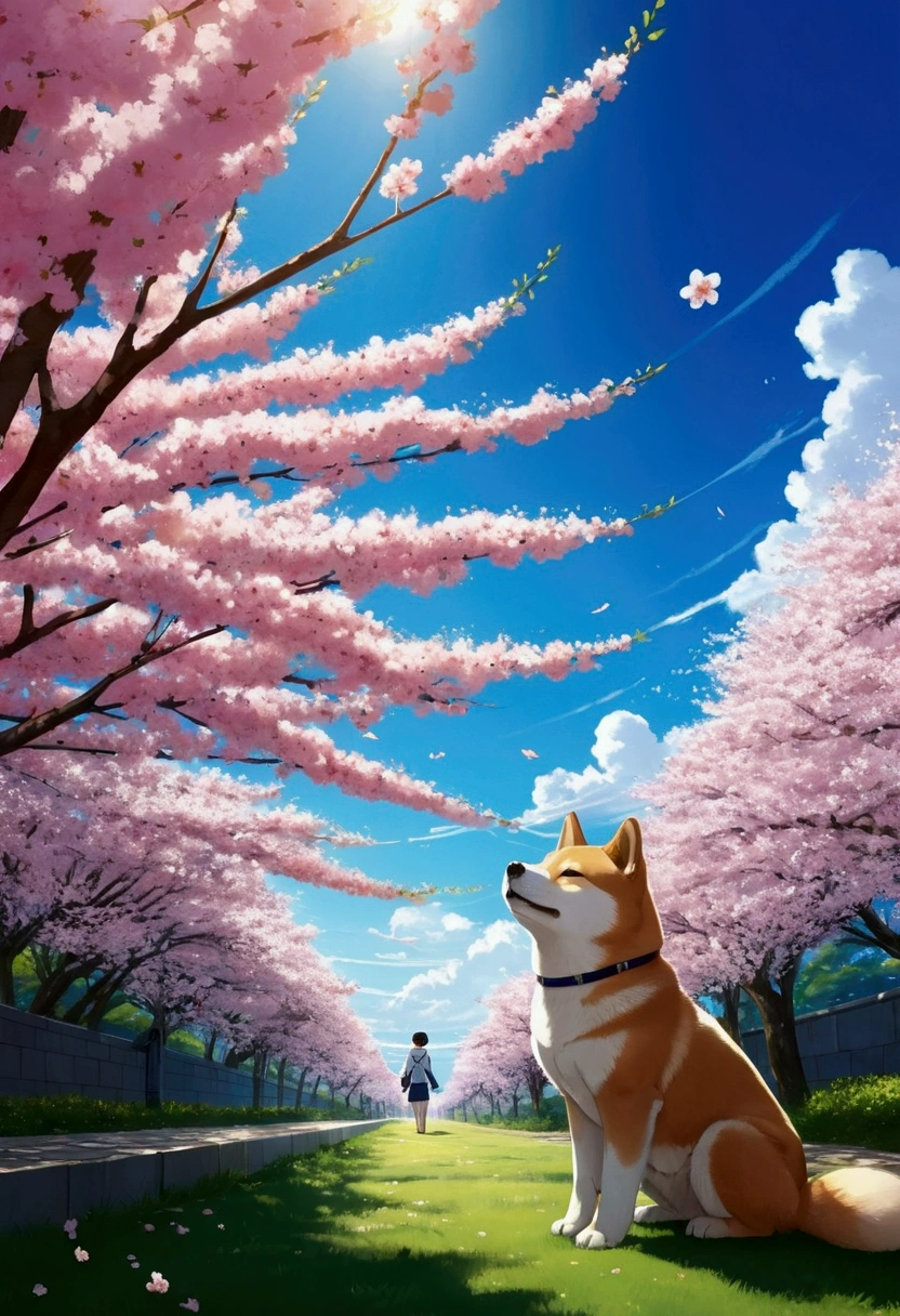 Makoto Shinkai Taste, Beautiful blue sky, Shiba Inu puppy enjoying cherry blossom viewing, ,Wide angle、