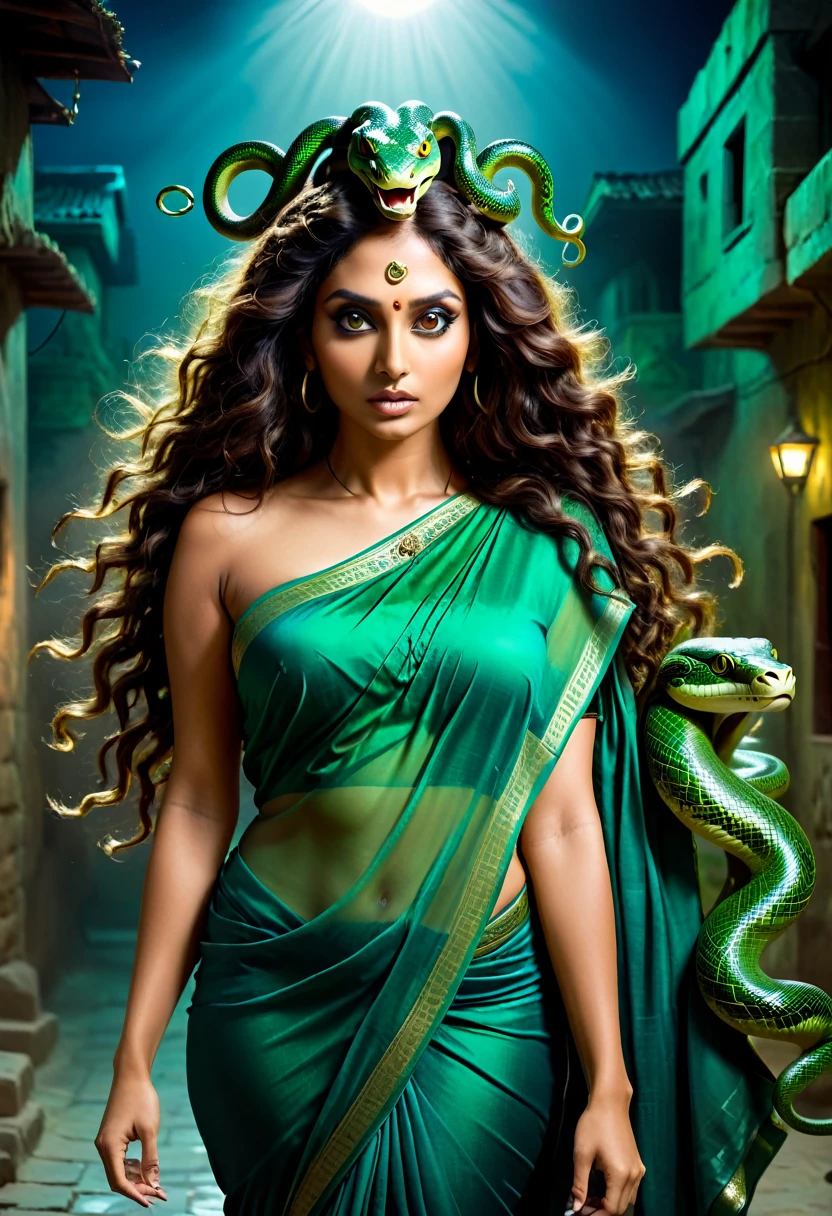 (dark night scary atmosphere) (scary face) indian brunette woman in a green saree with a snake head, brunette body, beautiful female gorgon, young woman as medusa, fierce medusa, beautiful woman, goddess of greek mythology, female medusa long hair, earth goddess mythology, cinematic goddess body shot, night blue ambience, long flowing medusa hair, medusa