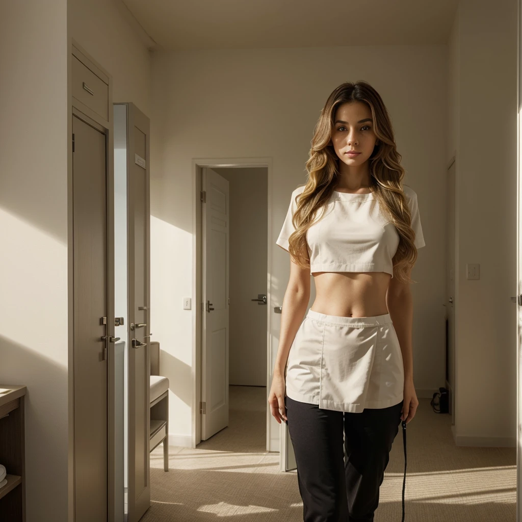 In the quiet clinic, the soft sounds of hushed conversations and discreet footsteps fill the air. In the center of the room, a nurse with long, wavy hair, predominantly black with bright blonde highlights, Stands out with your fitted uniform. The piece not only highlights your slim waist, but also emphasizes your elegant and professional figure. His attentive eyes and calm expression contrast with the clinical environment, adding a touch of beauty and confidence to the meticulously organized space around you.