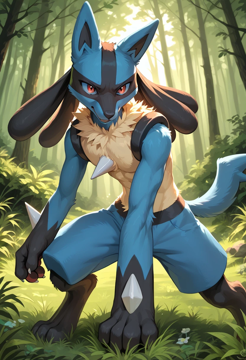 A highly detailed, cinematic and photorealistic image of a male Lucario Pokemon engaging in intimate relations with a female Pokemon trainer in a lush, verdant forest setting, with dramatic lighting, vivid colors, and a sense of mood and atmosphere.