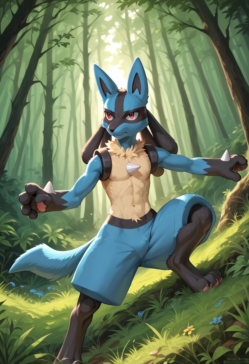 A highly detailed, cinematic and photorealistic image of a male Lucario Pokemon engaging in intimate relations with a female Pokemon trainer in a lush, verdant forest setting, with dramatic lighting, vivid colors, and a sense of mood and atmosphere.