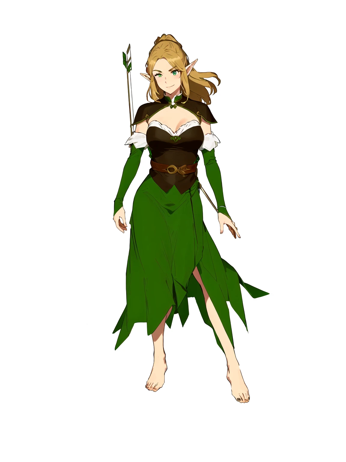 Anime, 1girl, 1woman, there is a woman dressed in a green dress with a bow and arrow, female forest archer, wood elf, (((mad))) elf princess, forest hunter lady, female elfling, female earth mage, female elf, beautiful wood elf, half elf woman, elven princess, elven warrior princess, elf princess knight, elf princess, female druid, forest dryad, (her right eye was closed, her left eye was open, her eyebrows were furrowed, she was laughing)