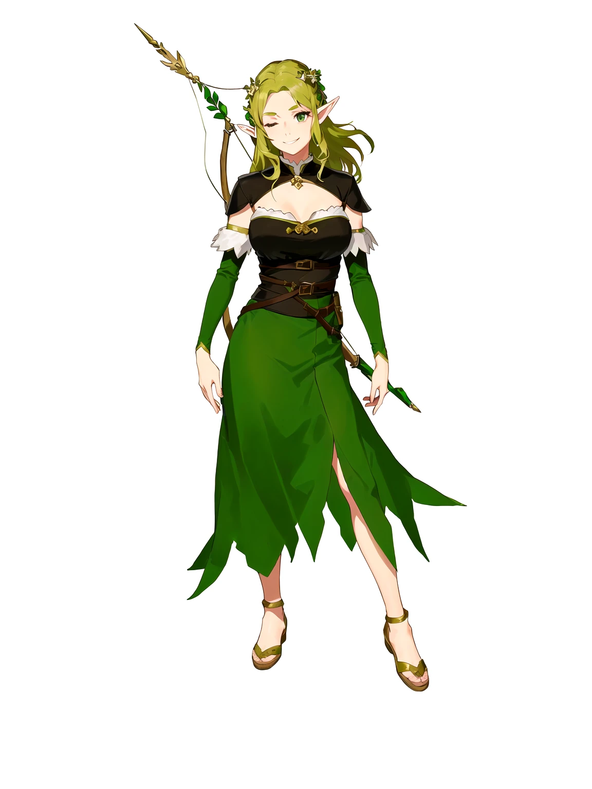 Anime, 1girl, 1woman, there is a woman dressed in a green dress with a bow and arrow, female forest archer, wood elf, (((mad))) elf princess, forest hunter lady, female elfling, female earth mage, female elf, beautiful wood elf, half elf woman, elven princess, elven warrior princess, elf princess knight, elf princess, female druid, forest dryad, (her right eye was closed, her left eye was open, her eyebrows were furrowed, she was laughing)