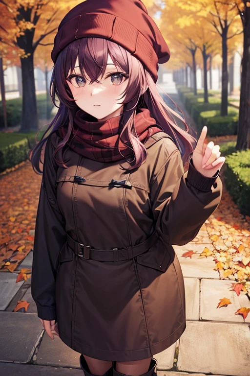 best quality, beautiful woman looking at viewer, brown hoodie, black midi pencil skirt, beanie, leather boots, red scarf, full body, medium purple hair, wavy hair, garden, fall, tree, leaves, evening