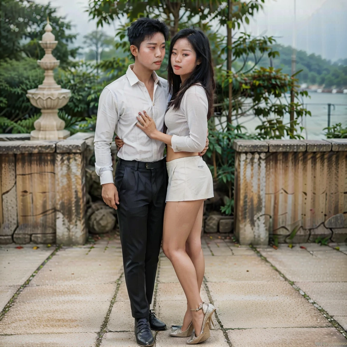 (best quality, masterpiece), (full body view), (a couple), (Burmese girl and a boy black hair), (pretty lady MoonLay), (short lady), (shirt and mini skirt and high heel), (asian man), (1man), (tall man), (shirt and trouser), romantic pose, tight, particle, wind, flower, upper body, simple background, looking at viewer,