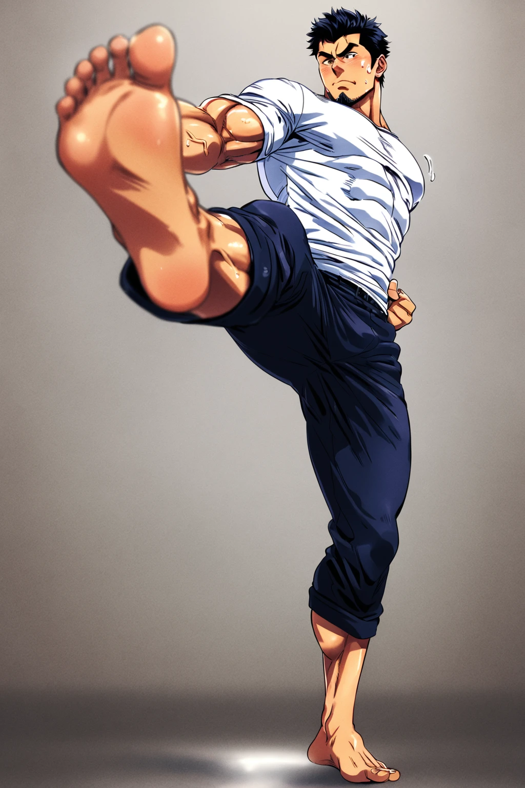 Ultra detailed, Highres, HDR, yujiro hanma, sexy man, (((full body))),blush,bulge,muscular,masculine,masterpiece,muscle, Well-built physique,long legs,((Foot sweat)),((sweat foot soles )),a mature male whose feet are stained with mucus, shiny feet,foot focus,,((a mature male)),((Flying Kick)),((Jump kick)),((five toes)),((instep bulging veins)),((feet bulging veins)),