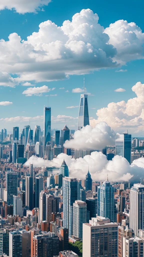 「Big white clouds spread across the blue sky、City skyline landscape。There are several high-rise buildings、A building with a distinctive spire stands out in the center。There are a lot of low-rise buildings in the foreground.、Overall bright colours、I can feel the summer sunshine。The sky is bright blue、The clouds are soft、It's fluffy。」