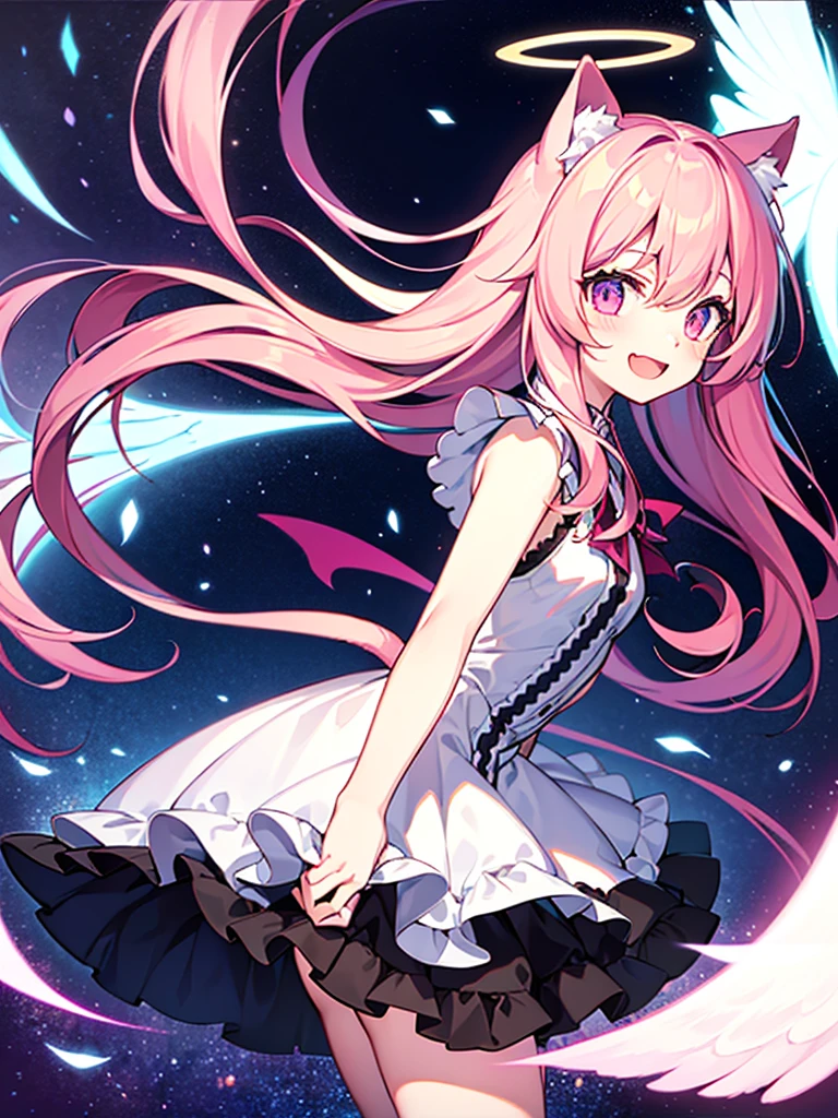 cat ears tail,long hair,pInk hair,angel shota,angel,halo,frilly angel uniform,Say good night and open mouth smile,
hyper detail and hyper precise illumination,anime style outline,crossdressing boy,