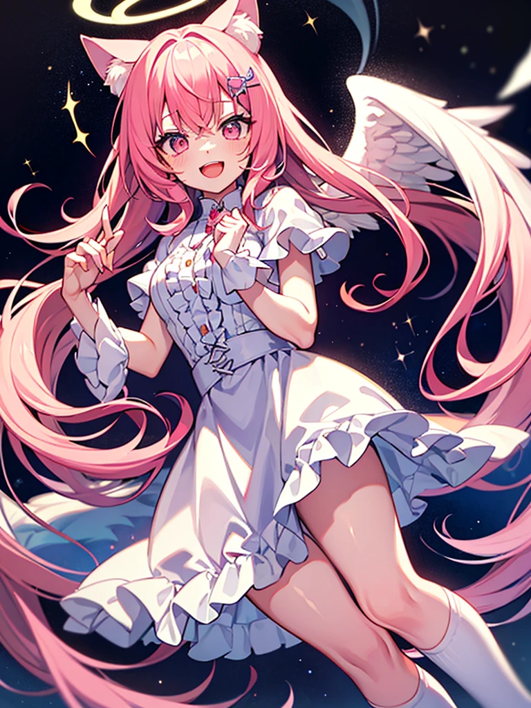 galaxy angel style,pastel,glitter,Angel shota,glowing halo,cat ears,pink long hair,angel wings,more add cuteness,
Wearing short-sleeved frilly pajamas, a hat with a pom-pom on the tip, and standing in a dark hallway at night,
sleepy eye,open mouth smile,Say good night,